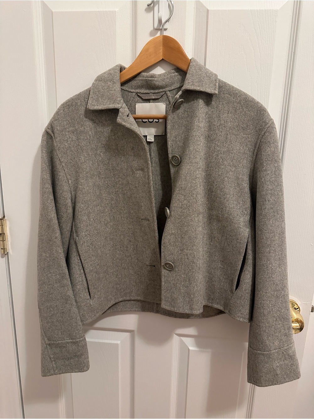 Womens Gray Wool Blend Cropped Button Jacket